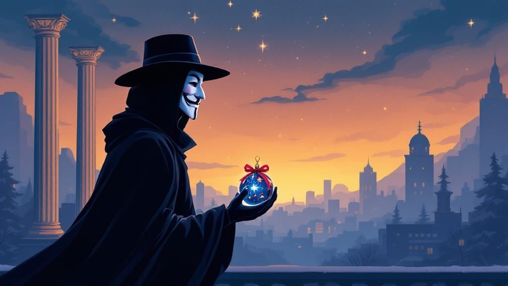 Mysterious Figure in Festive Cityscape