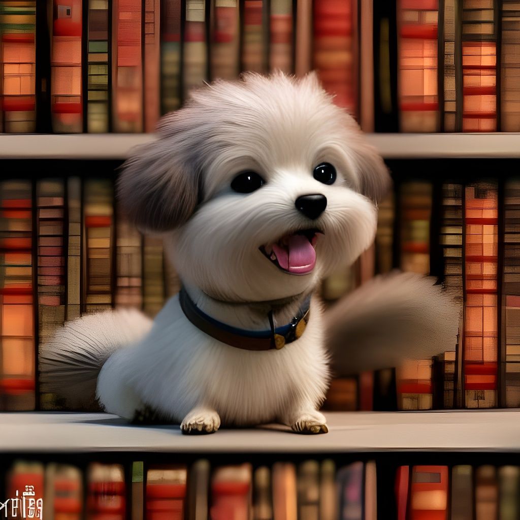 Adorable Dog in Library: Anime-Inspired Concept Art