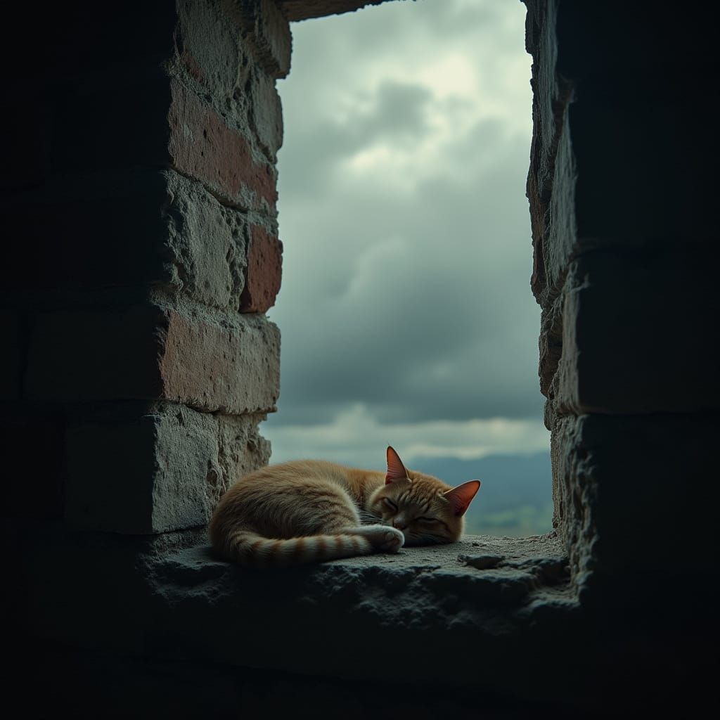 Serene Cat Basks in Soft Light of Rustic Abode