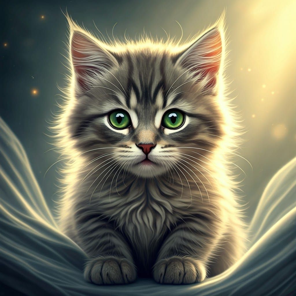 Fluffy Kitten in Mystical, Dreamlike Landscape