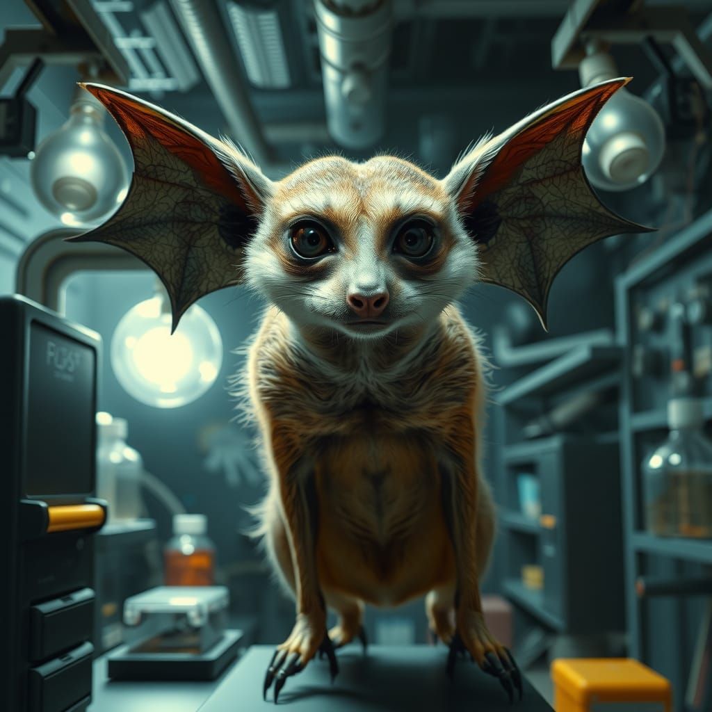 Meerkat Bat Hybrid in Secret Lab, Sci-Fi Art