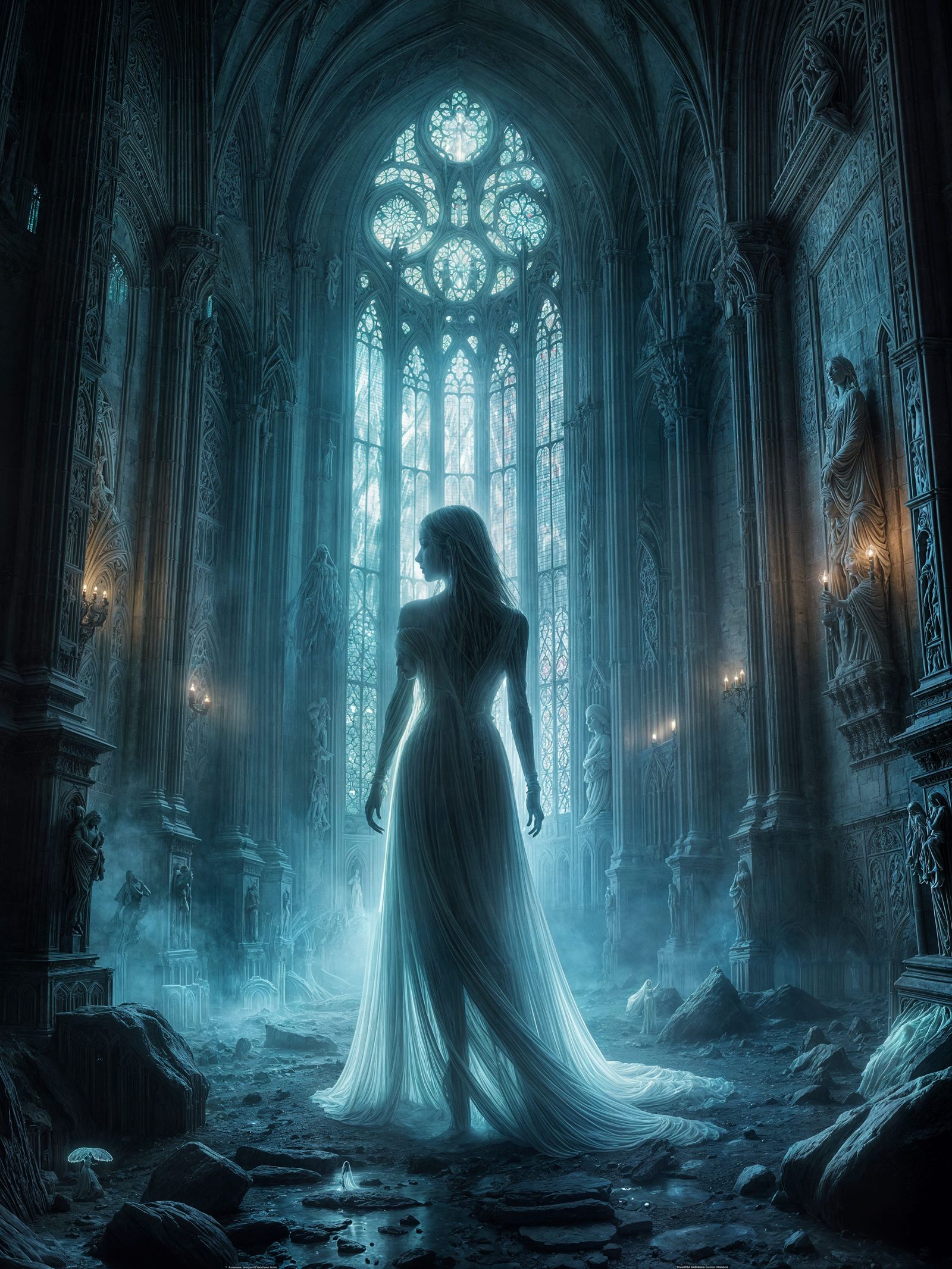 Ethereal Apparition in Gothic Ruins: Surreal Bioluminescence