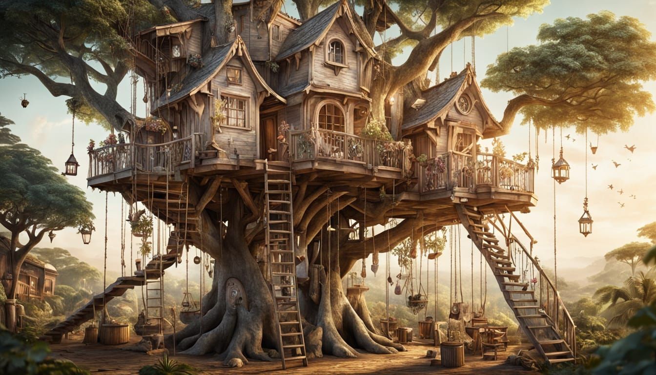 Enchanted Treehouse Village in Whimsical Fantasy Style