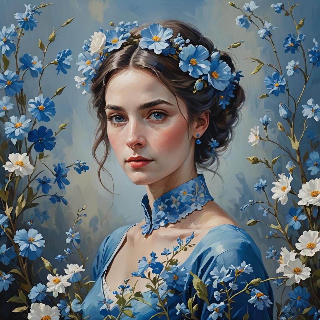 Elegant Woman in Blue Surrounded by Flowers as Impressionist...
