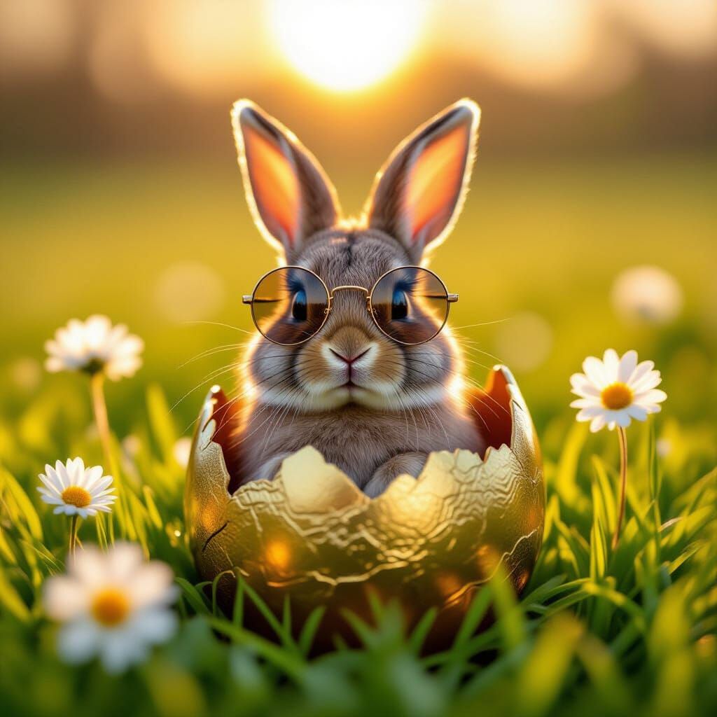Ultra Realistic Rabbit in Sunglasses Inside Golden Easter Eg...
