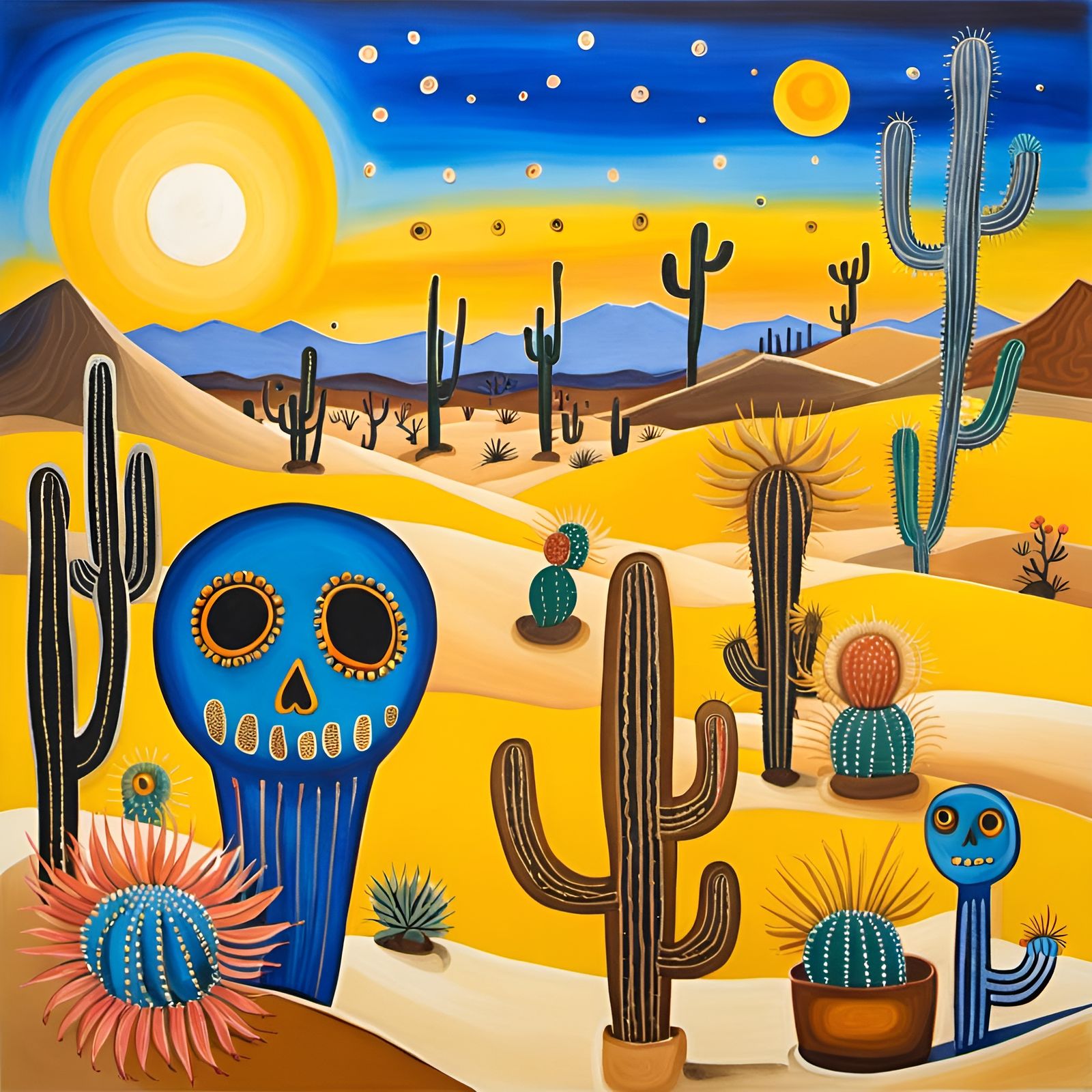 Desert Critter Skeletons Admire Sunset in Art Brut Style
