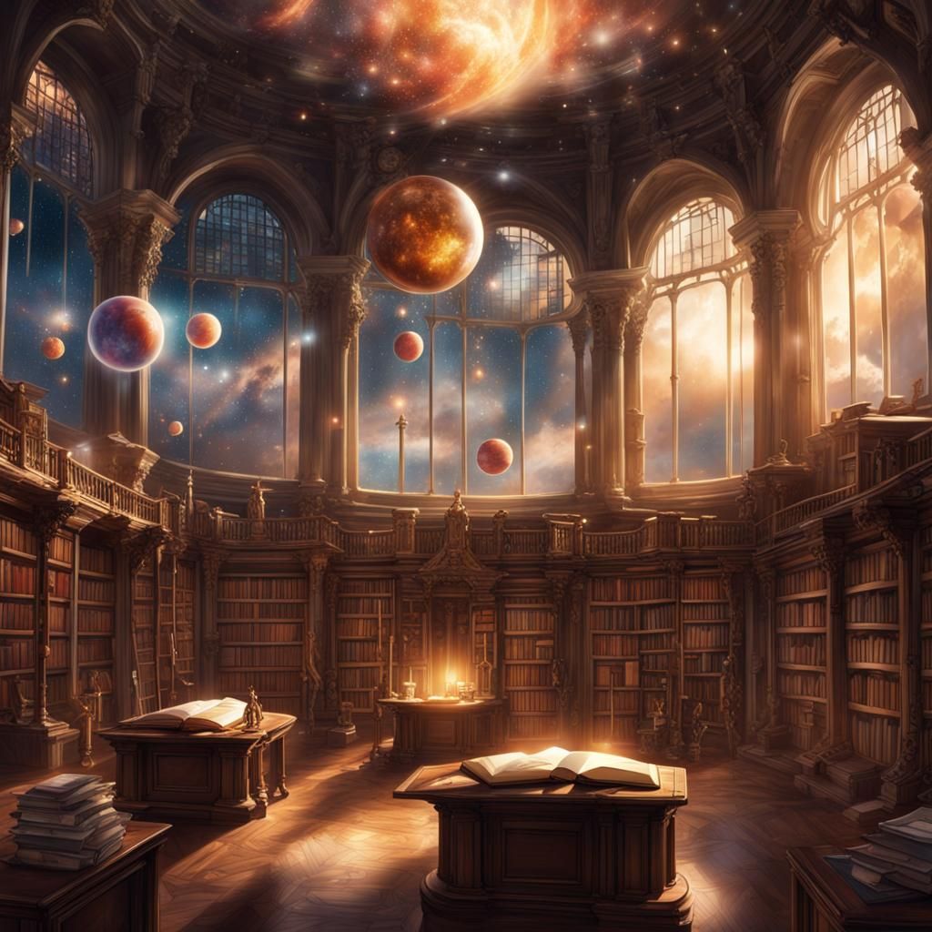 an ancient, sprawling library floating among the clouds. Boo...