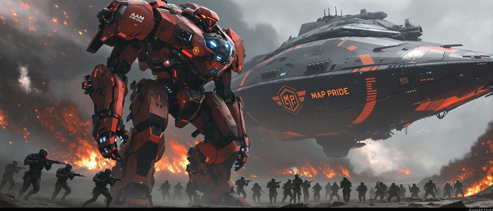 Futuristic Crimson Mech Suit in War-Torn Landscape