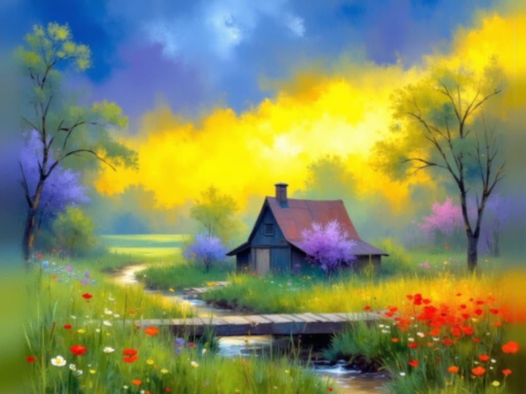 Vintage Cottage in Meadow: Oil Painting Style