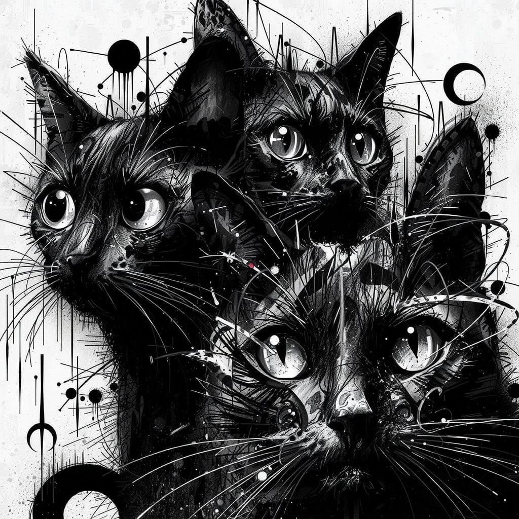 Hypermaximalist Surreal Cats in Ink and Digital Art