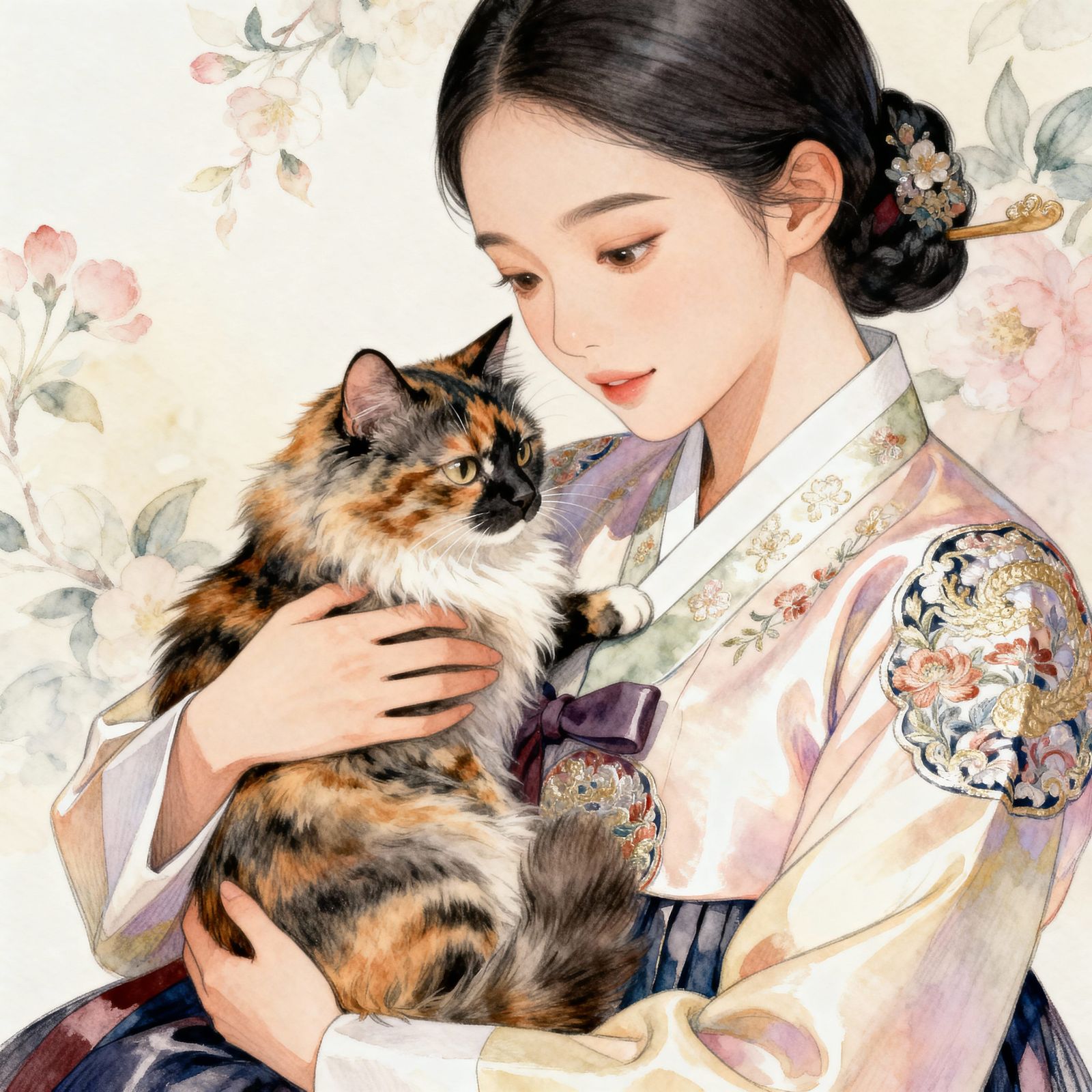 Manhwa Portrait: Woman in Ornate Hanbok with Tortoiseshell C...