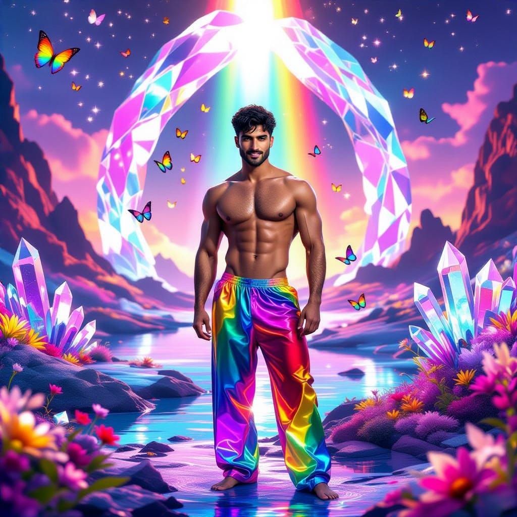 Arab Man in Surreal Pride Landscape with Rainbows