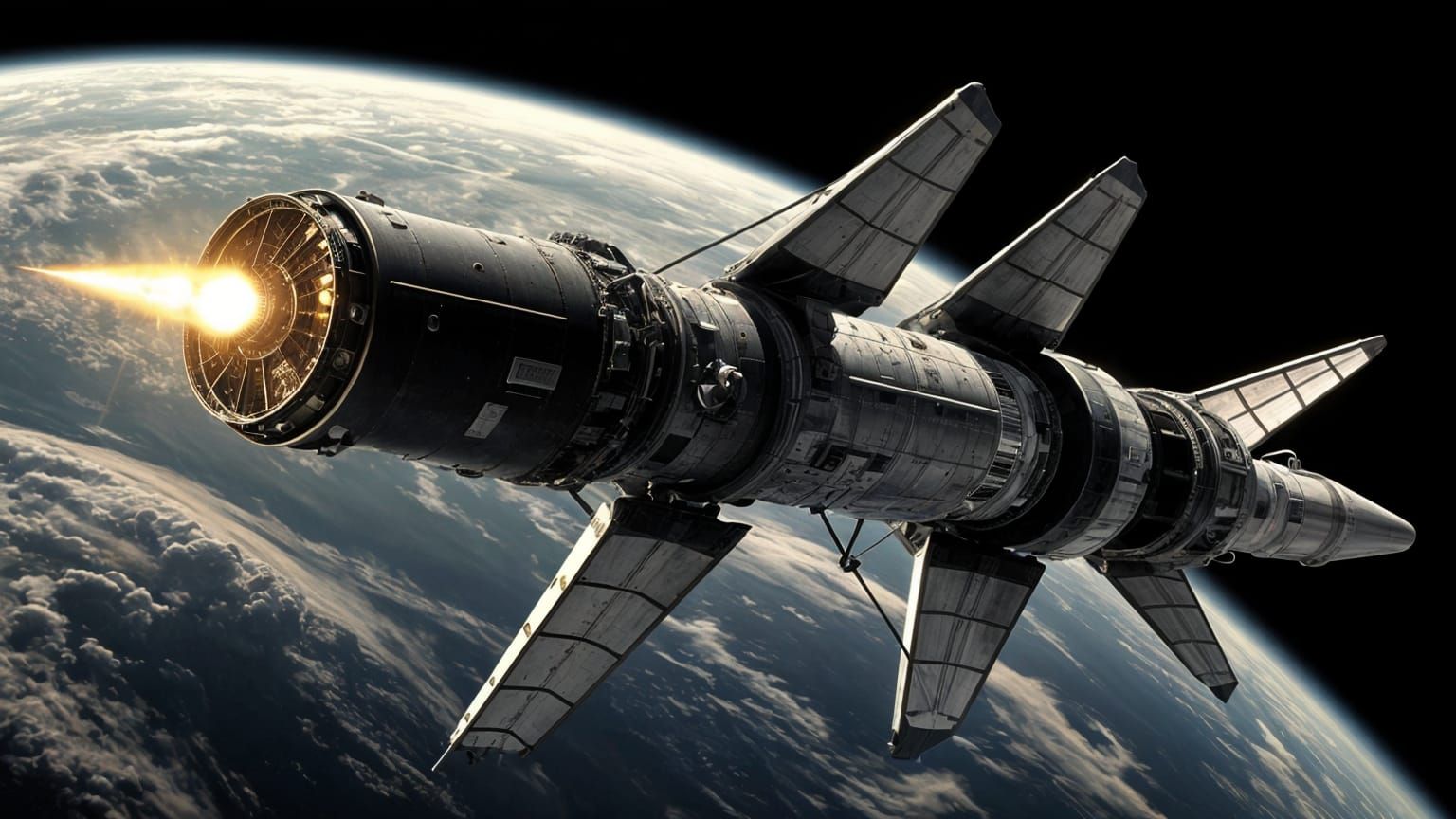 A nuclear-powered starship with plasma rocket propulsion orbiting an alien planet.