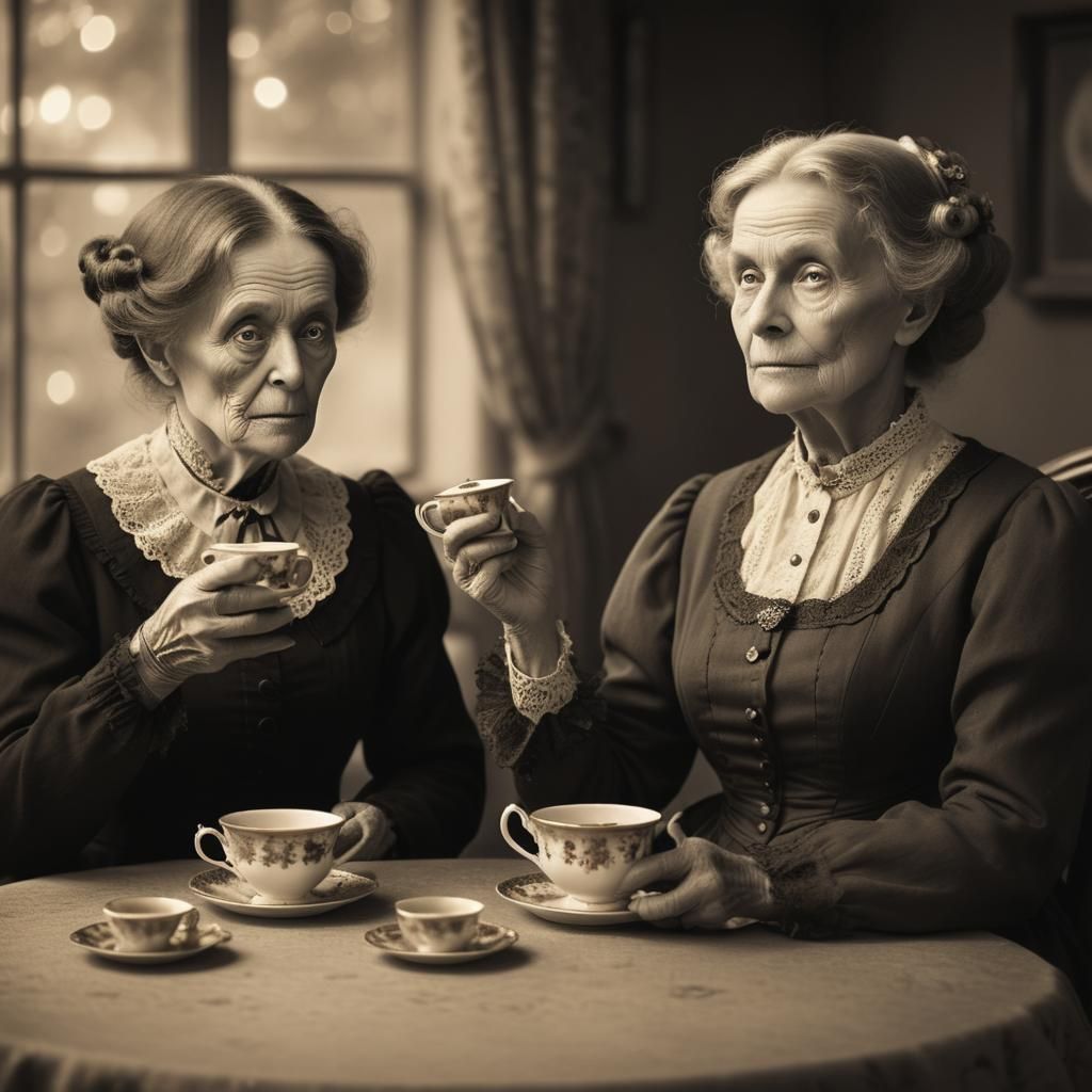 Victorian Ladies Tea Party with Alien, Sepia Photo