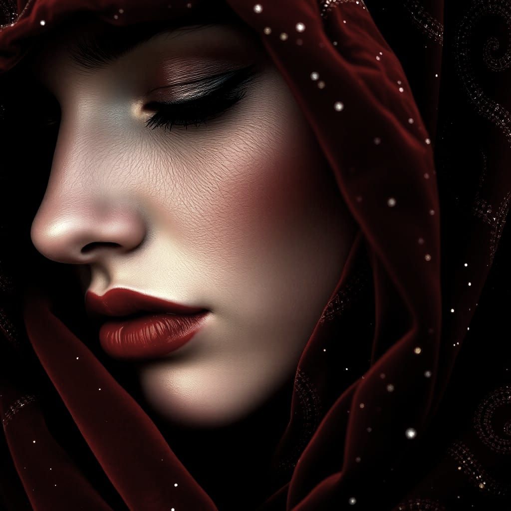 Ethereal Lady in Crimson Velvet Haze