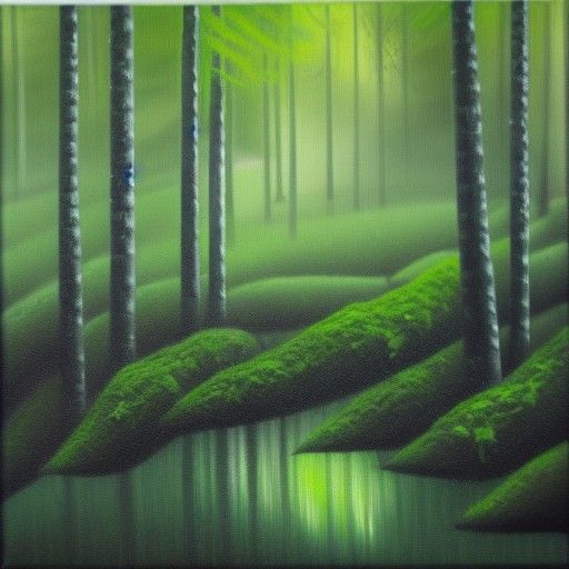 Rainy Forest with Moss in Oil Painting Style