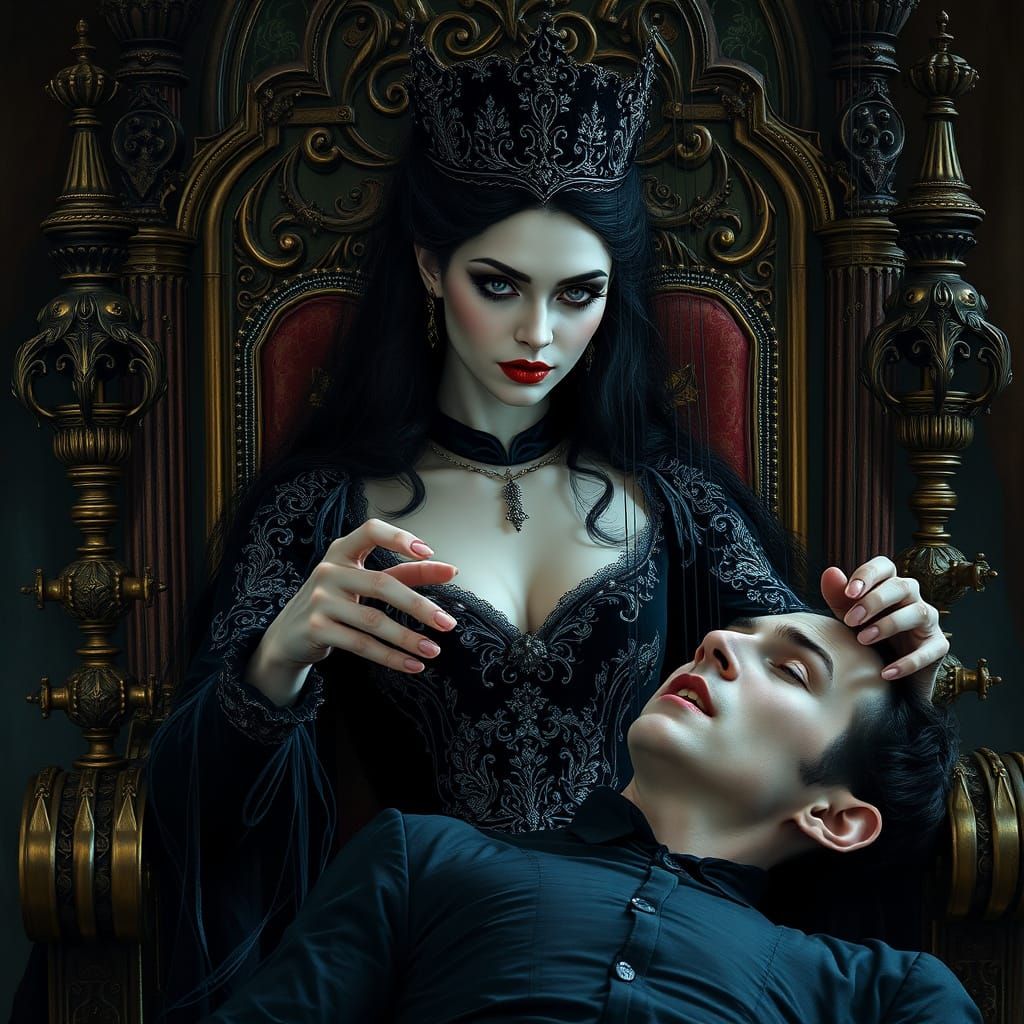 Regal Dark Fantasy Queen Manipulates Helpless Man