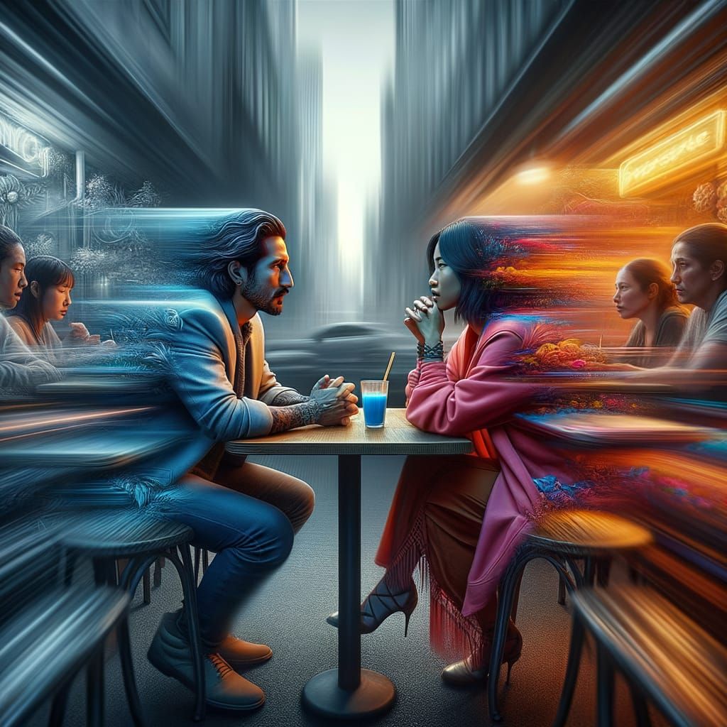 Couple's Deep Conversation in Vibrant Cafe Oasis