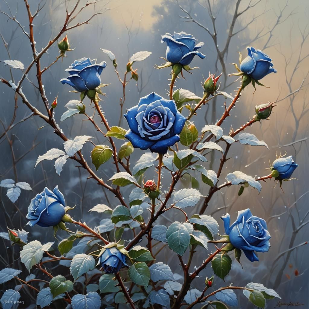 Sapphire Rose in Frost, Oil Painting Style