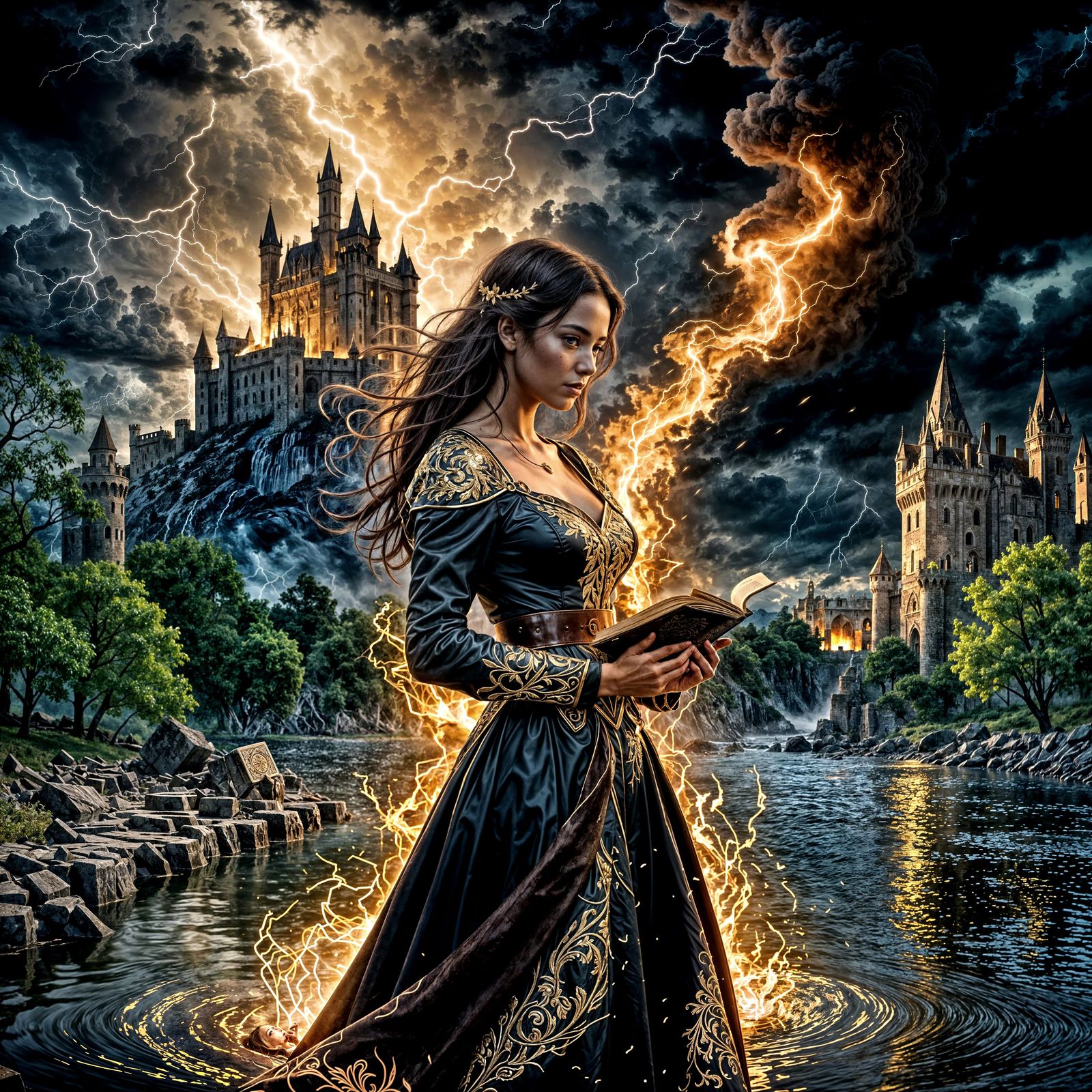 Brunette Woman with Burning Heart in Fantasy Landscape
