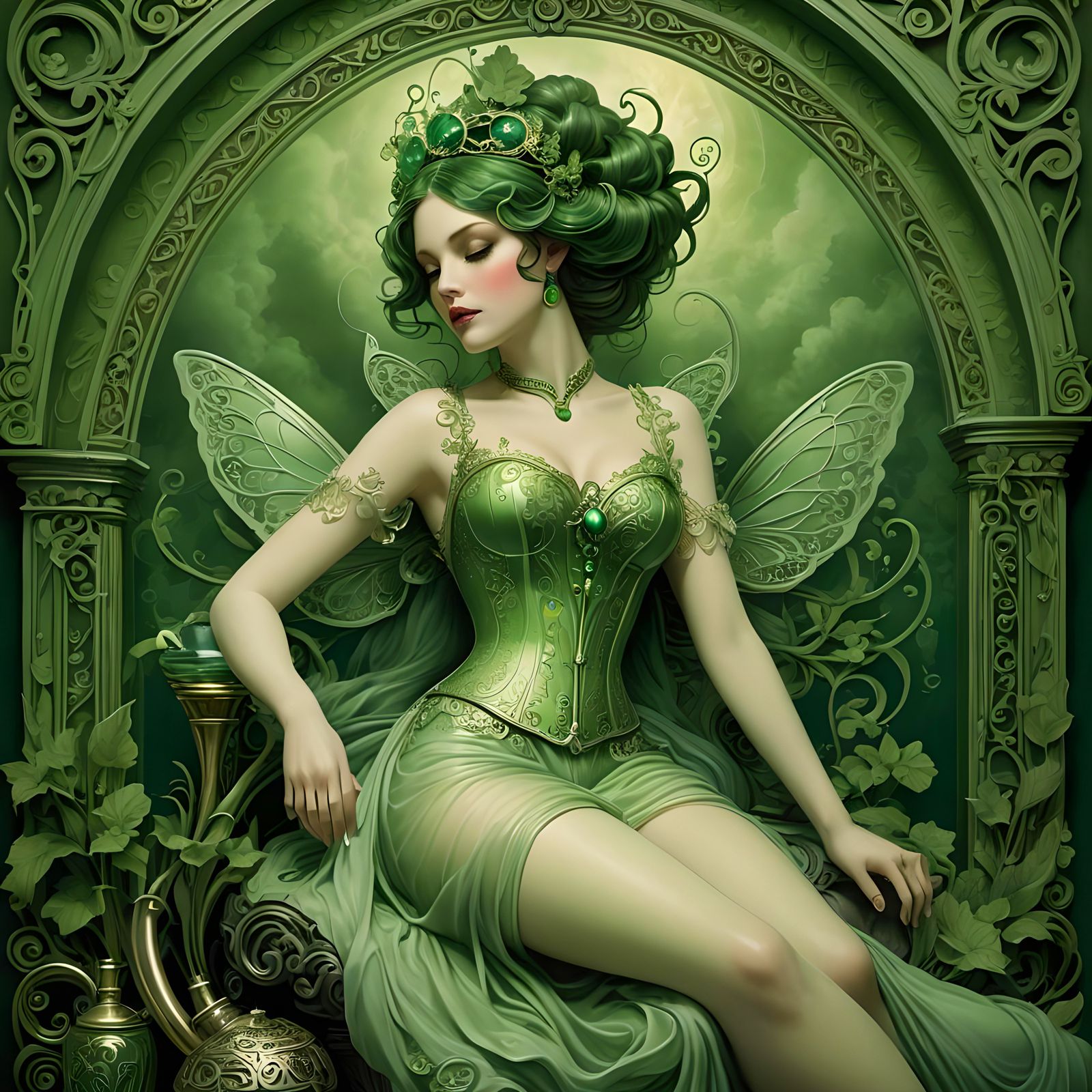 Green Fairy with Absinthe Bottle, Art Nouveau Style