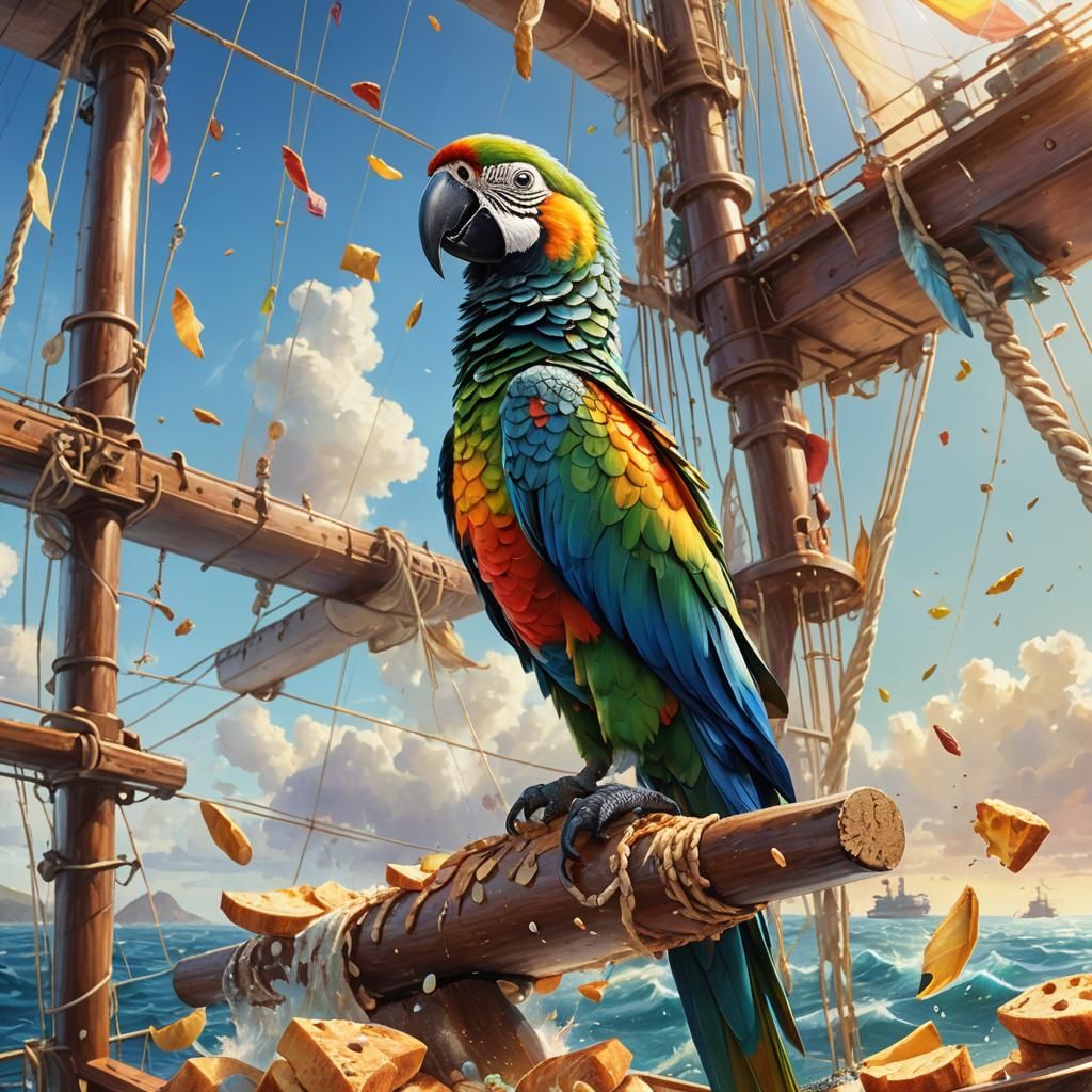 Colorful Parrot Feeding Fish: Vibrant Oil Painting