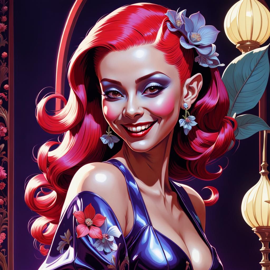 Purple Goblin in Floral Dress, Art Nouveau Style