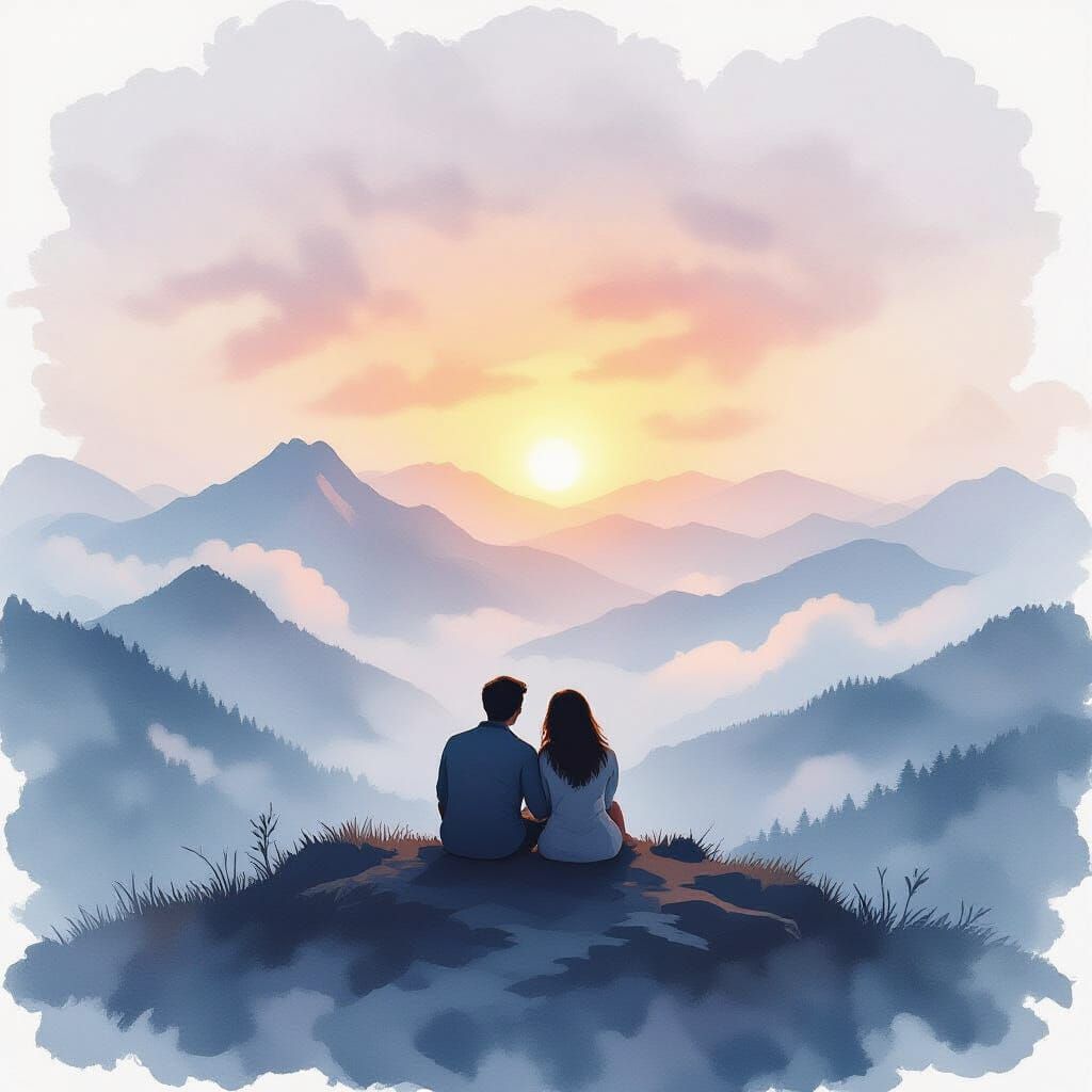 Misty Mountain Sunrise Couple in Watercolor