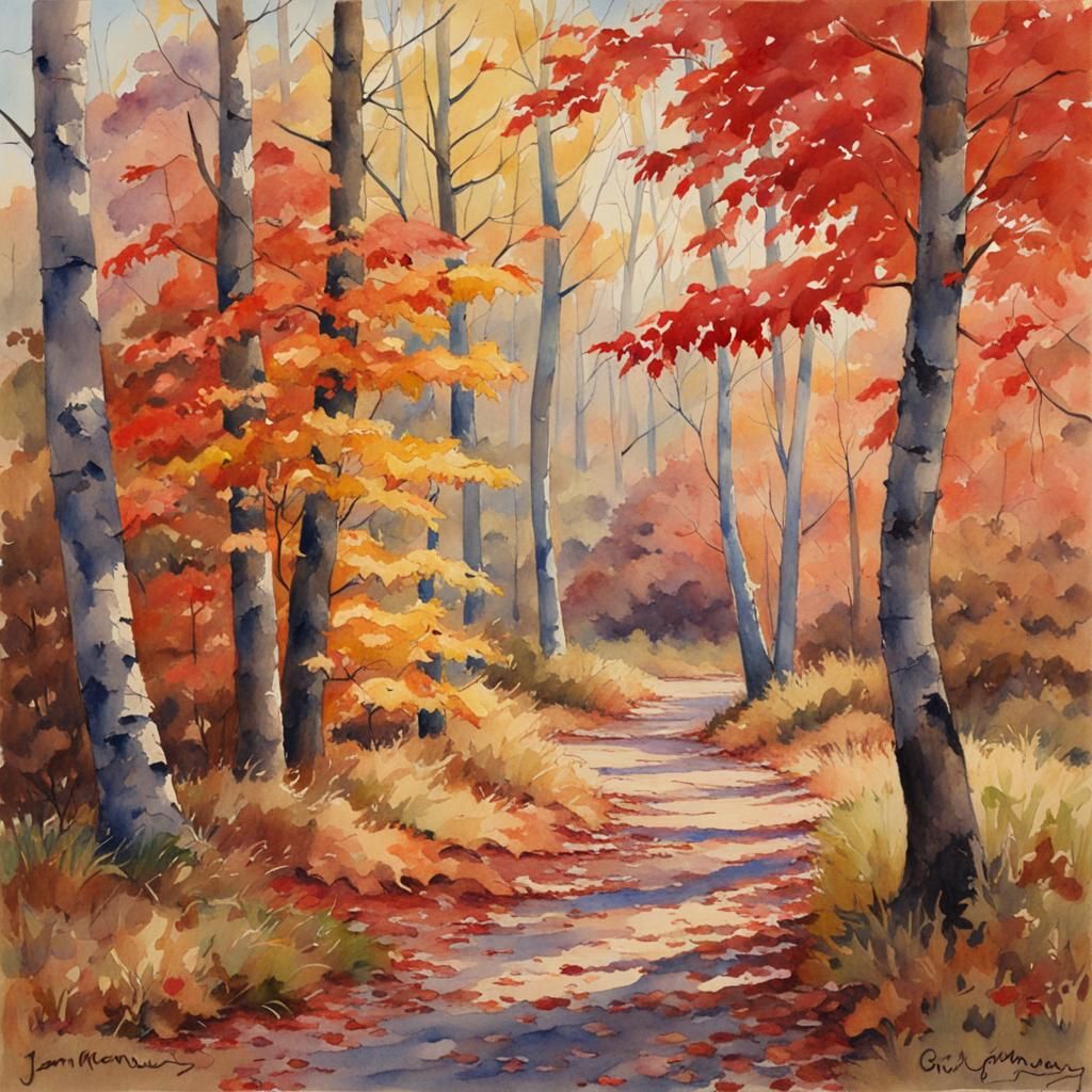 Red Maple Trees in October: Watercolor Oil Painting