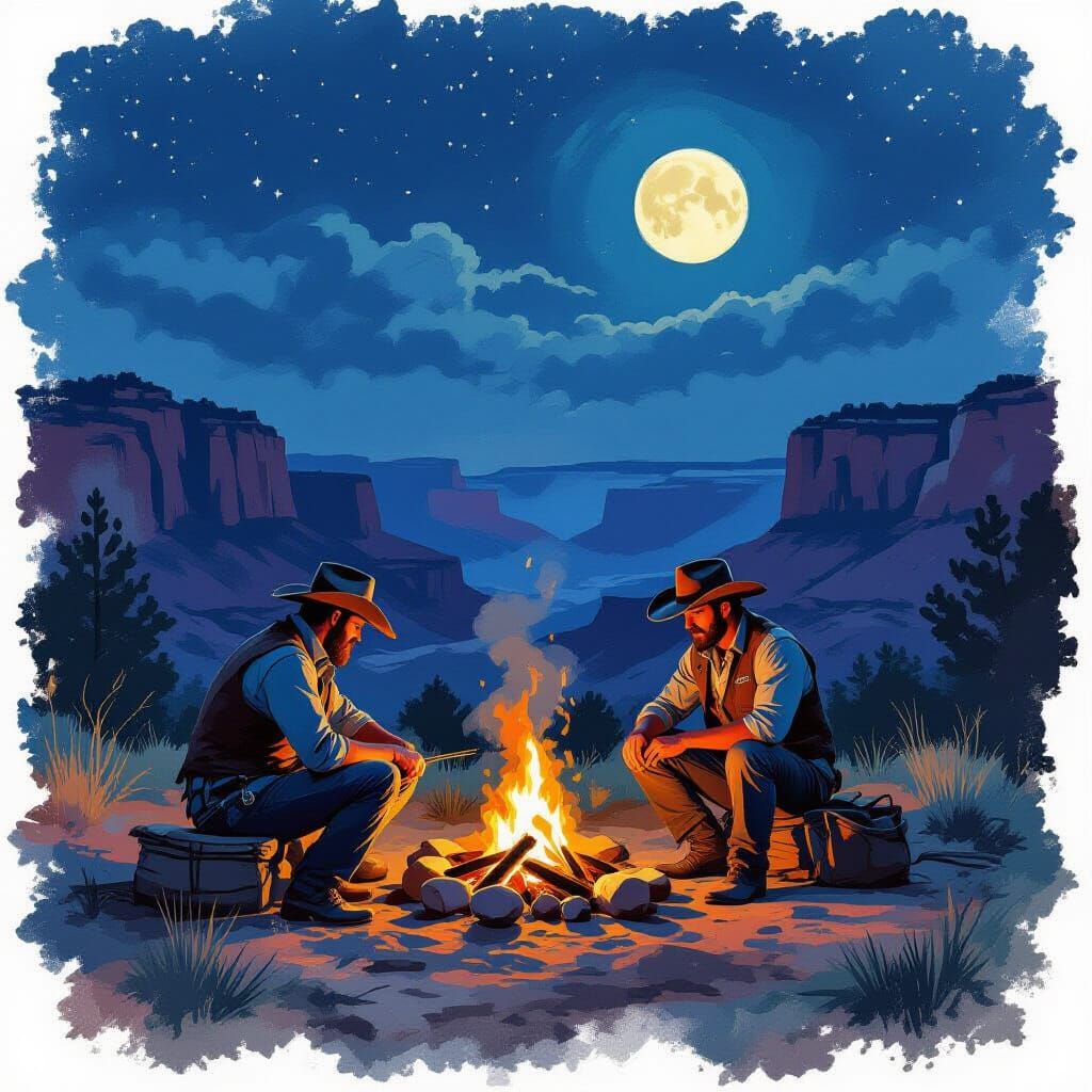 Cowboys at Night in Grand Canyon, Impressionist Style