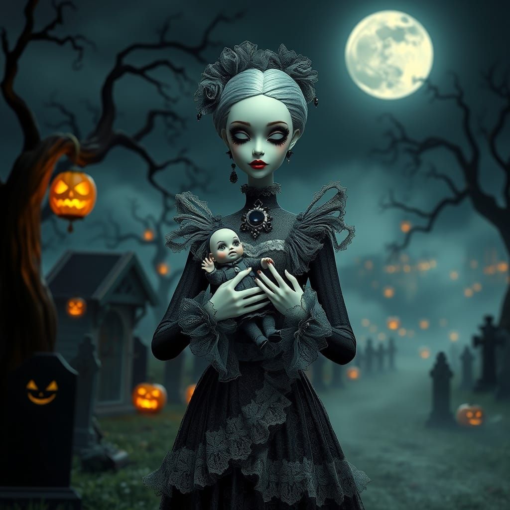 Gothic Vampire Mother Holds Baby in Haunted Victorian Cemete...