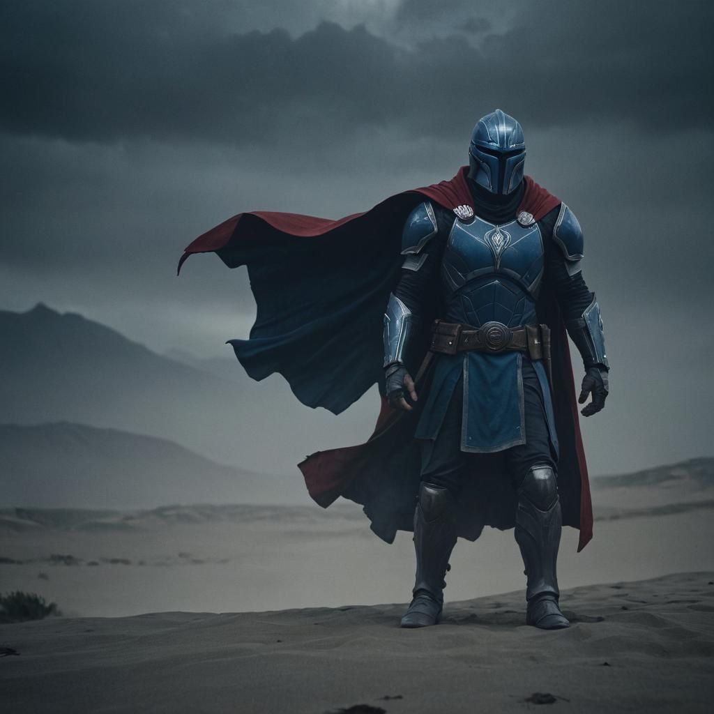 Blue Armored Warrior in Ominous Cinematic Scene