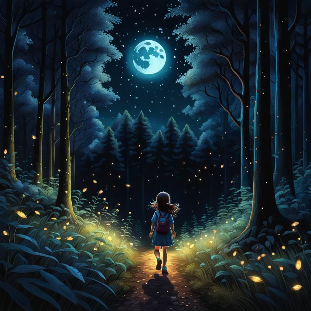 Happy Girl Chasing Fireflies in Majestic Midnight Forest
