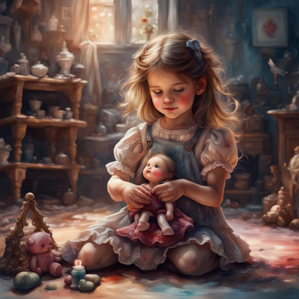 Joyful Girl with Doll: Watercolor Fantasy Art