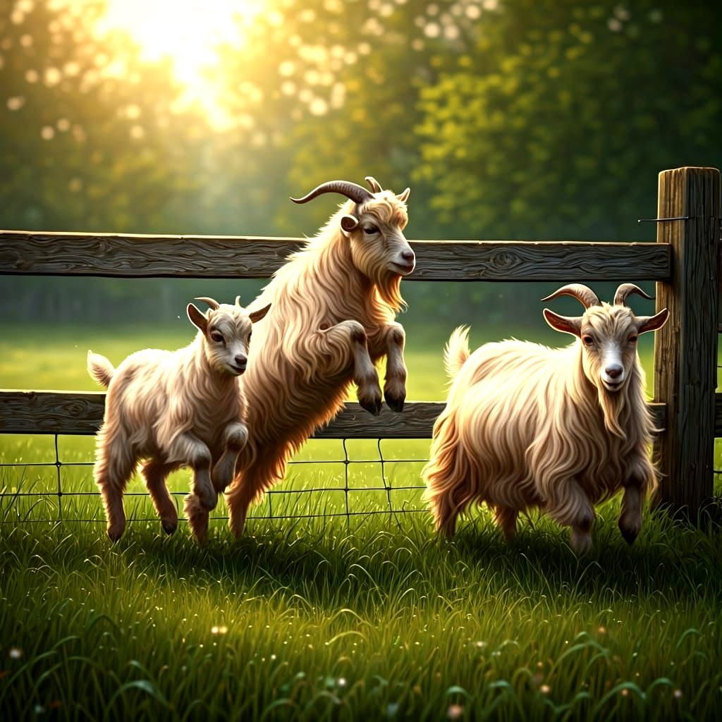 Goats in Meadow Leaping Fence: Realistic Animal Art
