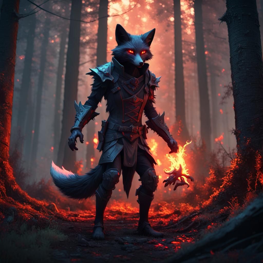 Dark Fox Dances by Bonfire in Dark Forest