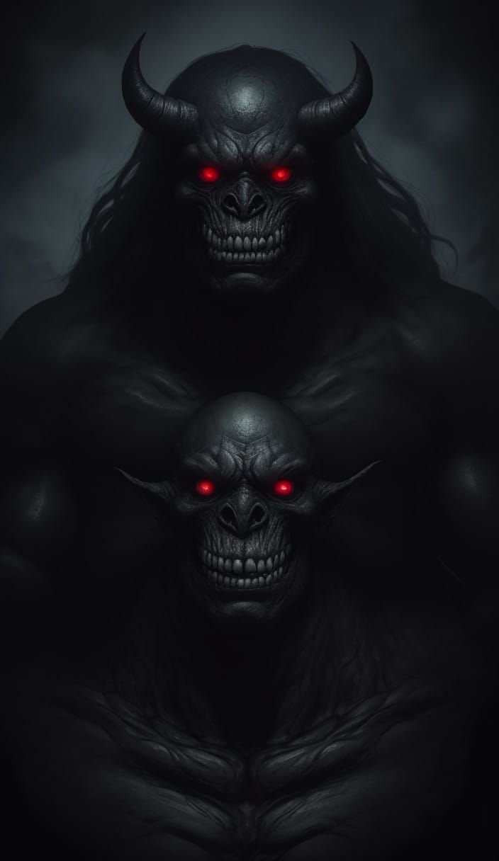 Cyberpunk Demon with Violet Neon Eyes in Dark Cave