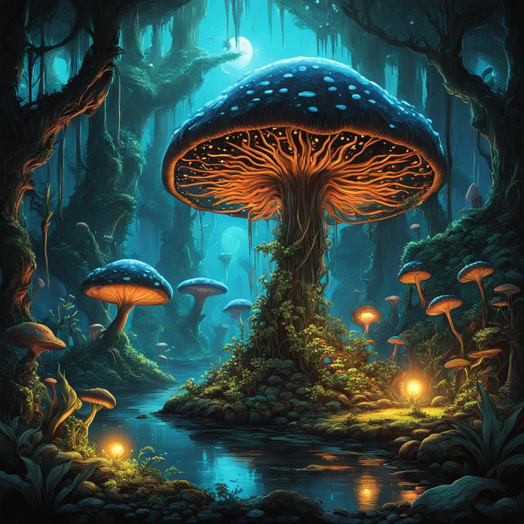 Alien Jungle With Bioluminescent Flora and Ancient Artifact