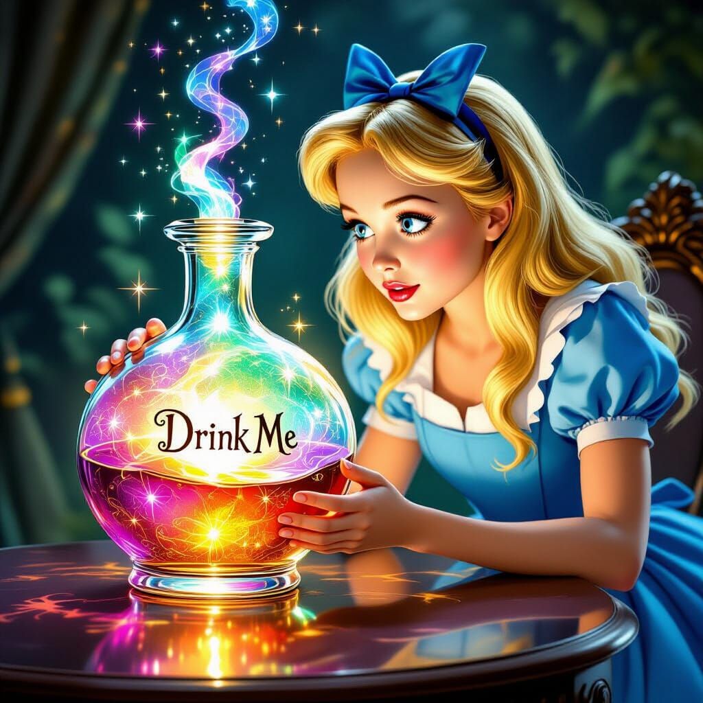Alice Peers at Magic Elixir Flask in Storybook Style