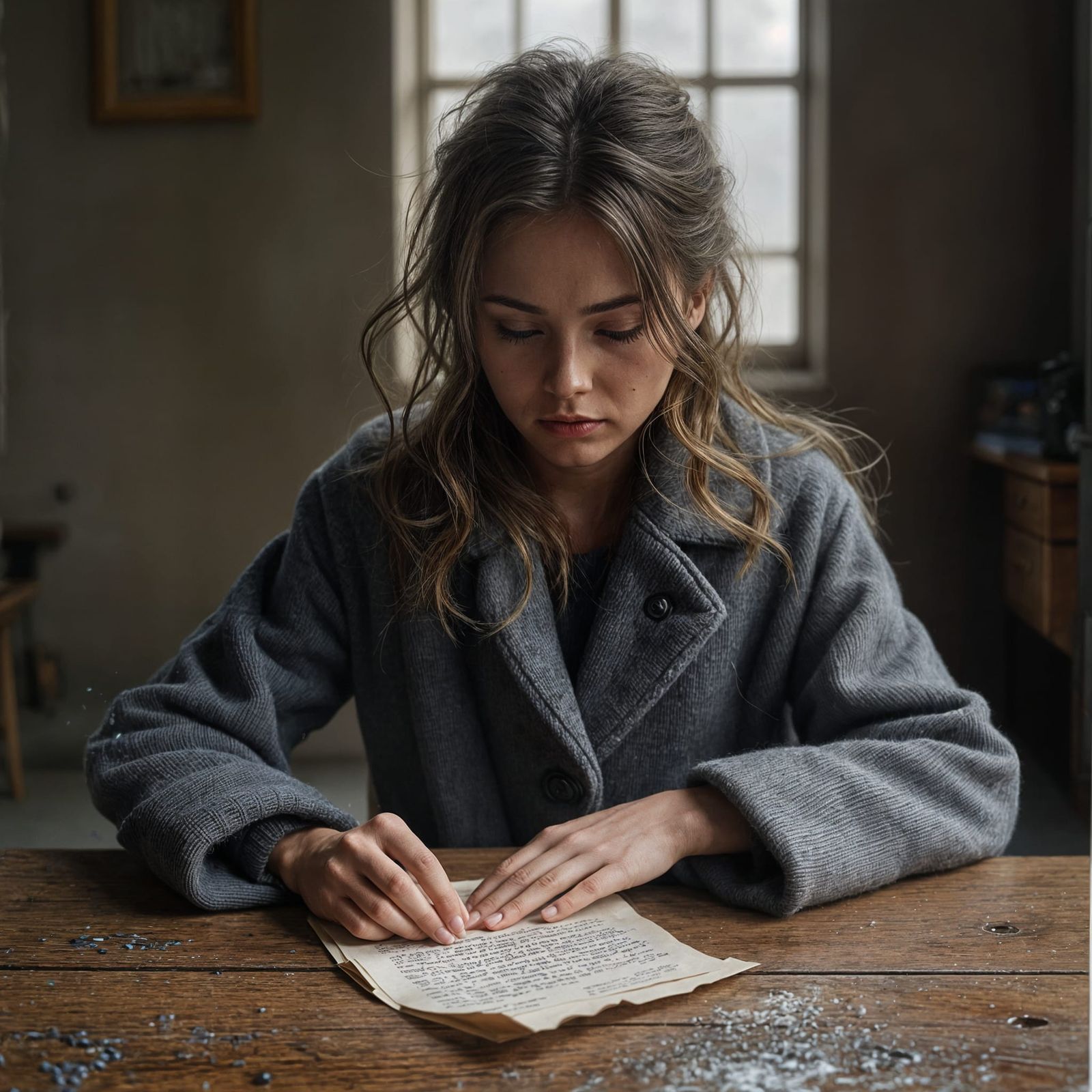 Exhausted Woman with Letter in Cold Setting