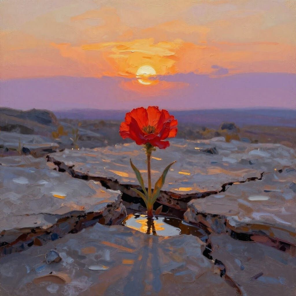 Hope in Desolation: Red Flower in Golden Light