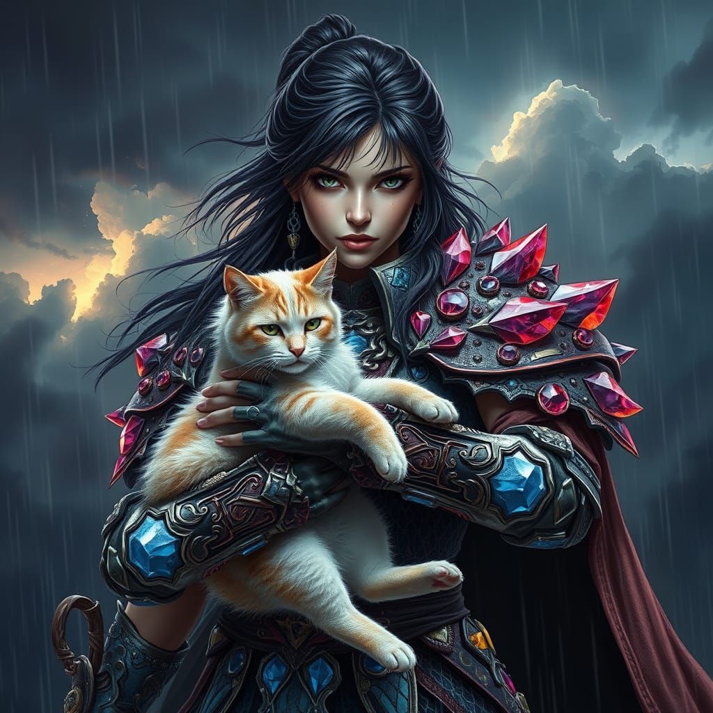 Crystalpunk Warrior with Cat in Stormy Landscape