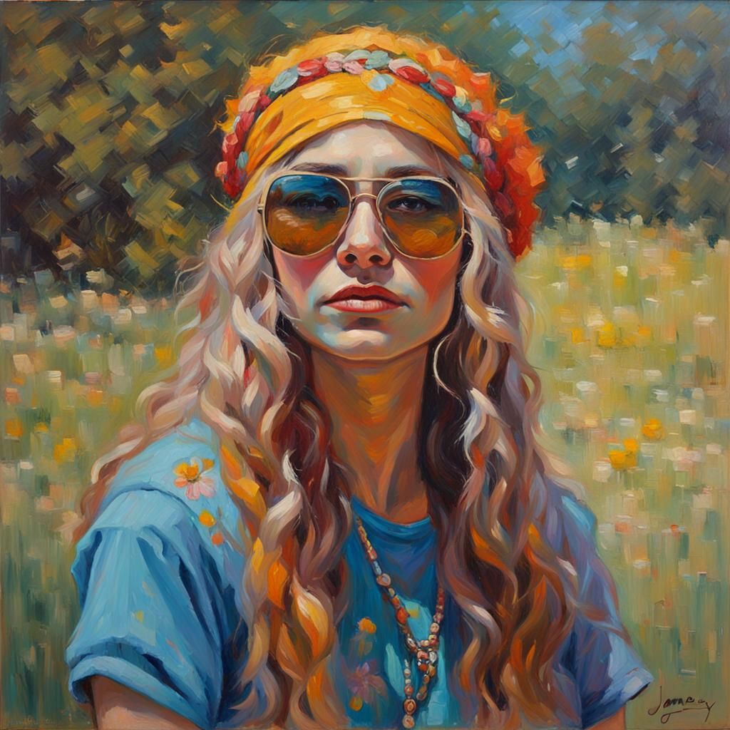 Retro Hippie Girl Portrait in Expressionist Style