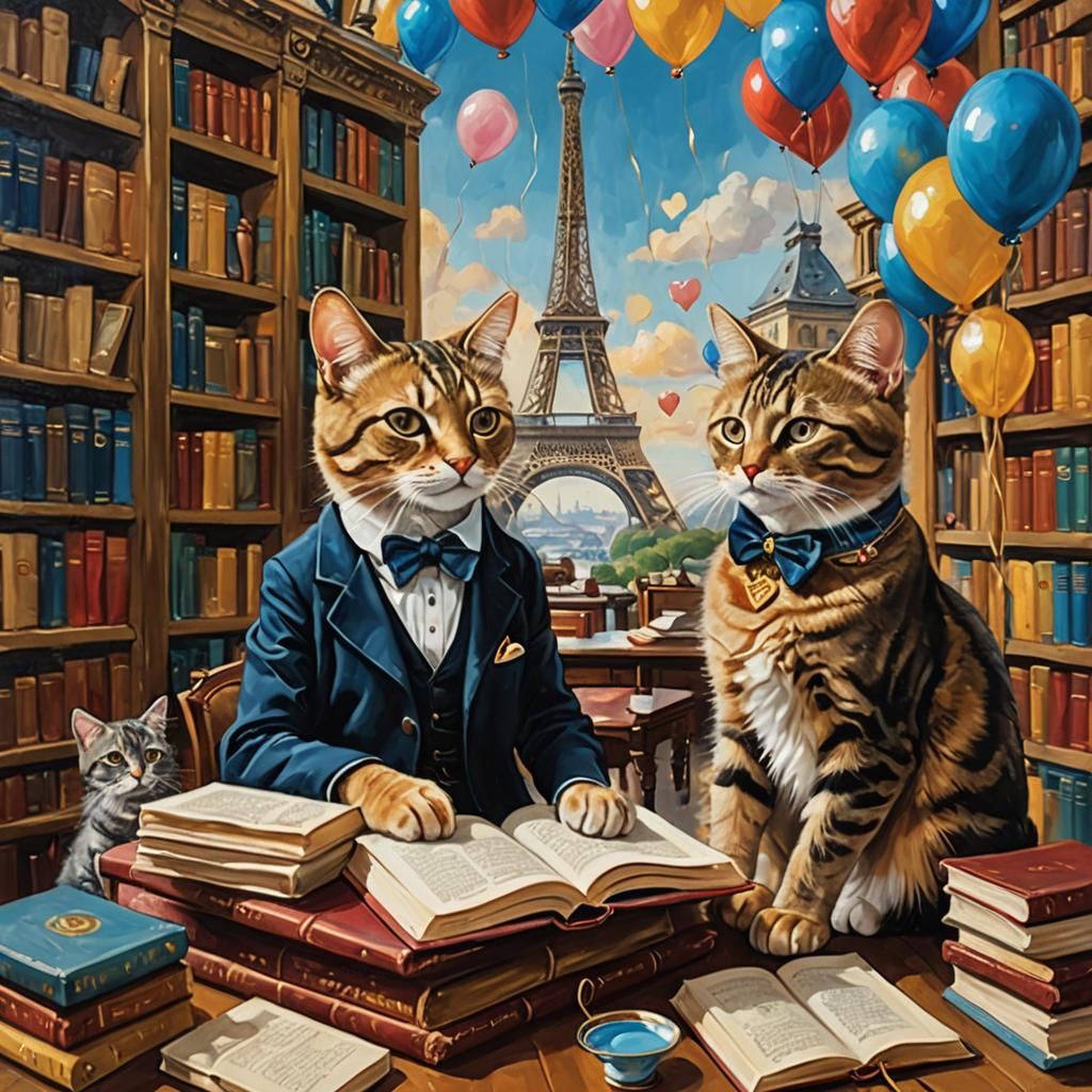 Cats at a Book Fair as Impressionist Oil Painting
