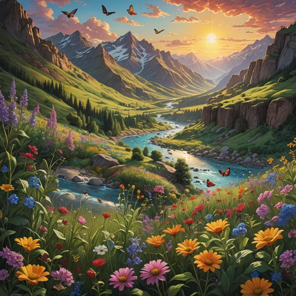 Fantasy Landscape with River and Wildflowers