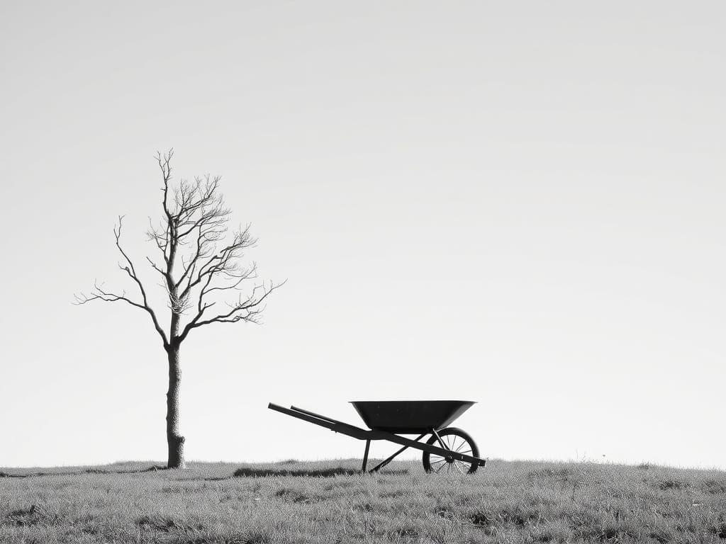 Simple Minimalist Scene with Tree and Wheelbarrow
