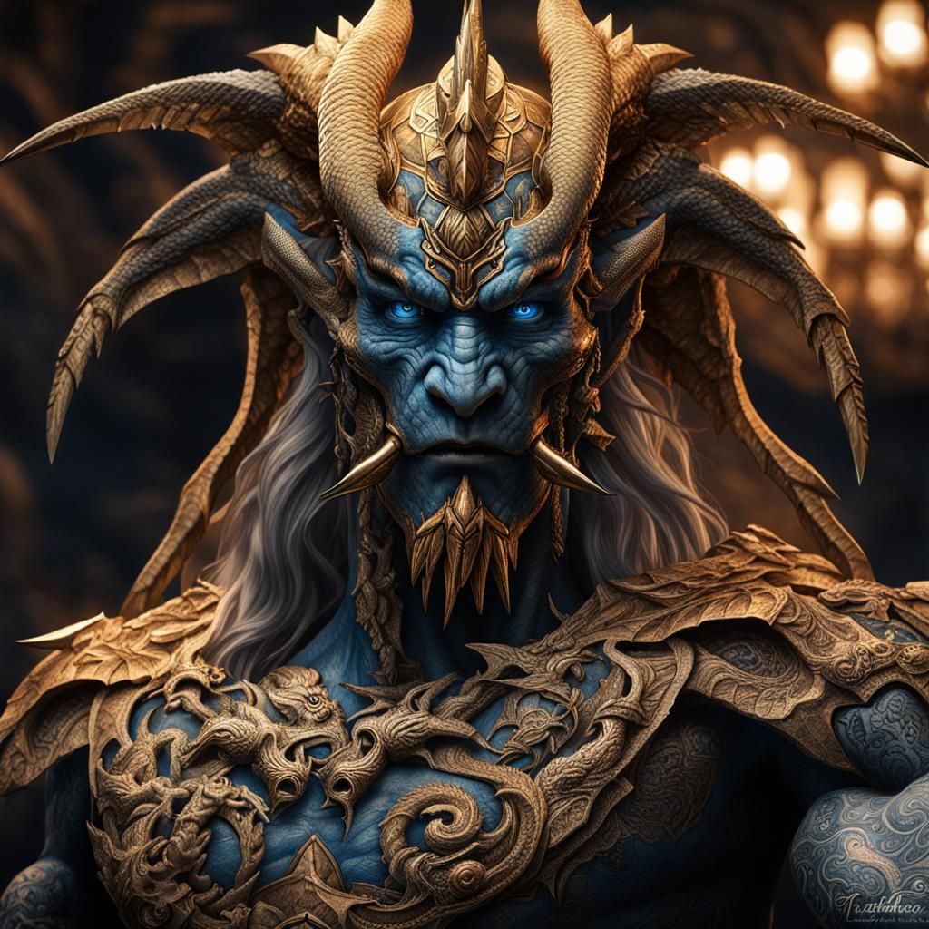 Hyperrealistic Dragon King with Intricate Tattoos