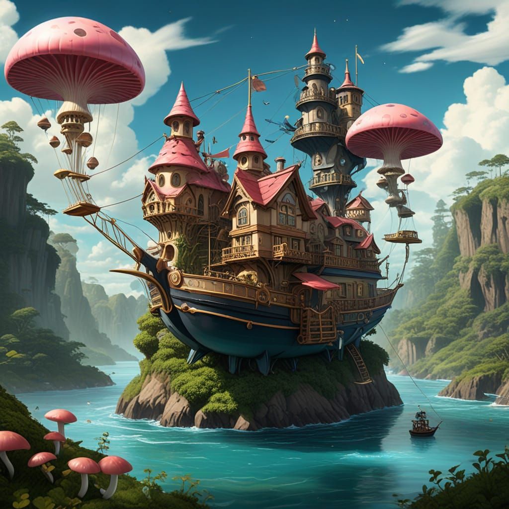 Steampunk Airship Docks on Floating Gnome Island