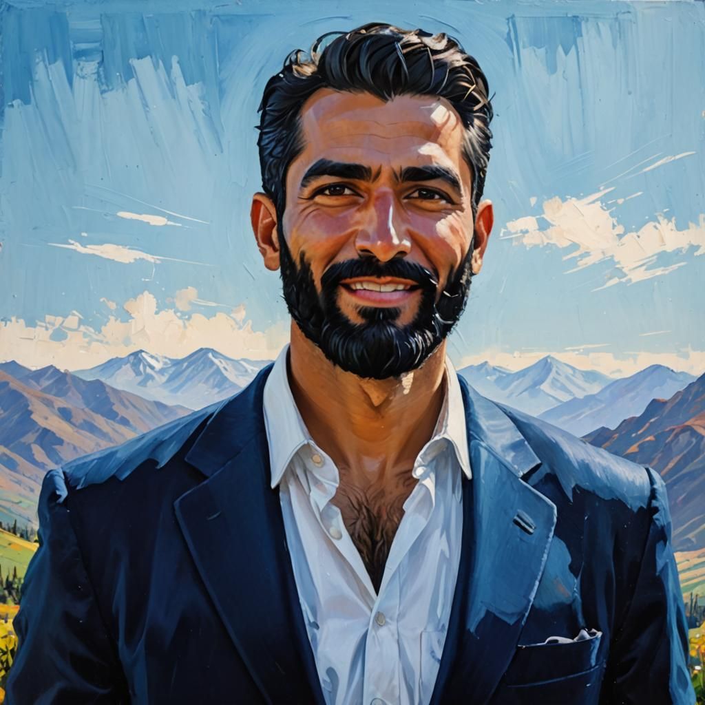 Smiling Gentleman in Blue Suit, Neo-Impressionist Oil Painti...