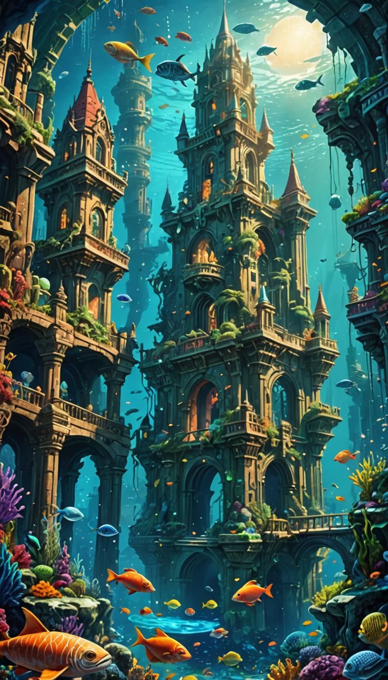 Underwater Atlantis City in Acrylic Style